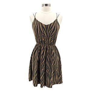 Everly Womens Medium Dress Mini Gold Metallic Black Zebra Print V-Neck Party